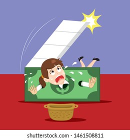 Businesswoman in knife money guillotine, illustration vector cartoon
