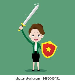 Businesswoman is knight warrior holds up a sword and holds a shield, Cartoon vector illustration