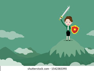 Businesswoman knight warrior holds up a sword and holds a shield on the top of mountain, Cartoon vector illustration