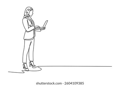 businesswoman with laptop computer. Technology in business concept. Single line draw design. Vector graphic illustration