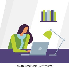 Businesswoman with laptop at desktop. Vector illustration, flat design.