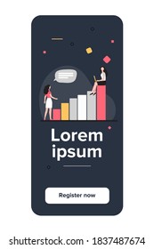Businesswoman with laptop on top of growth diagram. Her colleague standing on ground flat vector illustration. Business success, career concept for banner, website design or landing web page