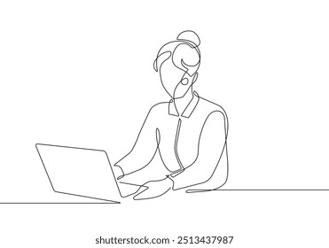 Empresária com Laptop Uma Linha Silhueta Preta sobre Ilustração Vetorial Fundo Branco. Mulher Trabalhando Ilustração De Linha Única Contínua. Mulher no escritório Retrato abstrato