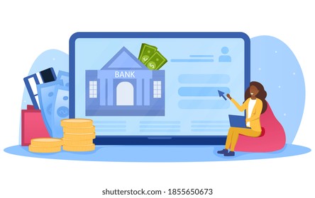 Businesswoman with laptop showing interface of banking application on computer monitor. Open banking platform, banking system, finance, digital transformation concept. Cartoon flat vector illustration