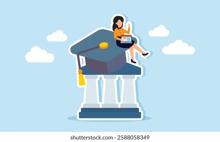 Businesswoman with a laptop sits on a graduation cap placed on a law building, illustration of an employee or entrepreneur with a law degree