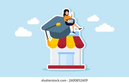 A businesswoman with a laptop sits on a graduation cap placed on a store, illustration of completing company data recap for a marketplace business