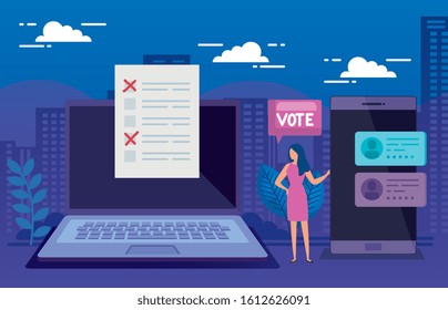 businesswoman with laptop and smartphone for vote vector illustration design