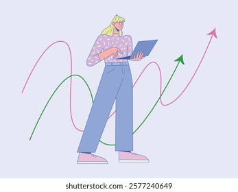 Businesswoman with laptop standing near colorful arrows. Concept of growth, progress, technology, business. Flat vector illustration.