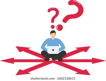 Businesswoman with laptop trying to find the right solution. Sitting on questionmark and have paths with arrows arround her. Uncertainity, searching and solving problem.


