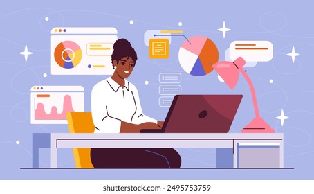 Businesswoman with laptop. Young girl sits at table near graphs and diagrams. Businessman or manager in office. Workflow of trader or investor. Flat vector illustration isolated on blue background