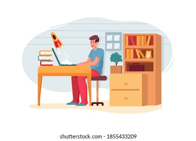 Businesswoman launches rocket from a laptop Vector Illustration concept. Flat illustration isolated on white background.