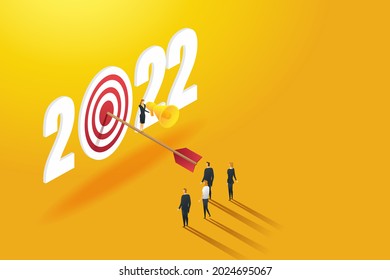 Businesswoman leader announces to lead a successful team to achieve 2022 goals of archery hitting targets. business challenge and financial concept vector illustration