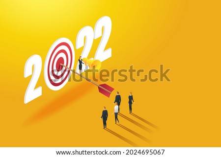 Businesswoman leader announces to lead a successful team to achieve 2022 goals of archery hitting targets. business challenge and financial concept vector illustration
