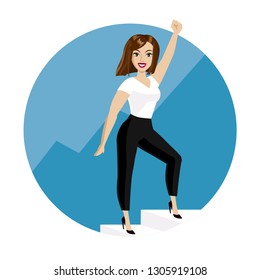 Businesswoman, leader, beautiful young girl rises up the career ladder. The concept of success, goal achievement. Vector illustration.