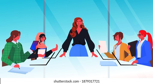 businesswoman leader discussing with businesspeople during conference meeting teamwork concept modern office interior horizontal portrait vector illustration