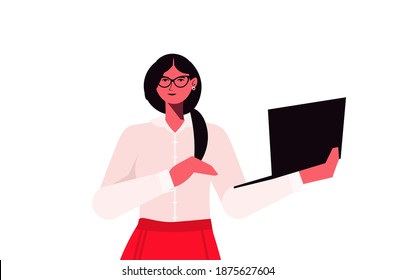 businesswoman leader in formal wear holding laptop successful business woman leadership best boss concept female office worker portrait horizontal vector illustration