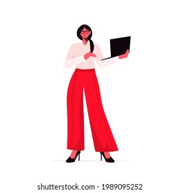 businesswoman leader in formal wear holding laptop successful business woman standing pose leadership