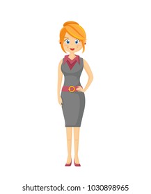 Businesswoman leader, girl successful entrepreneur. Solid female businesswoman, in a beautiful, strict, business dress, and beautiful hairdo. Vector illustration character cartoon person.