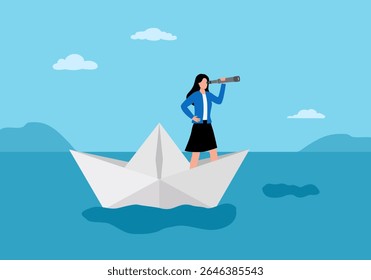 Businesswoman Leader looking through a telescope by stands with a paddle floating on a paper boat on the sea. illustration Vector