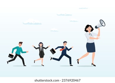 Businesswoman leader megaphone pointing team direction, leadership for team direction, success strategy, lead team to achieve goal, inspiration or motivate employee, manager, company mission (Vector)