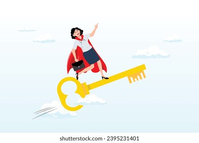 Businesswoman leader ride gold key success, key success to unlock true potential to win business or career improvement, moving forward for bright future, new opportunity or business direction (Vector)