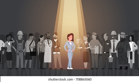 Businesswoman Leader Stand Out From Crowd Individual, Spotlight Hire Human Resource Recruitment Candidate People Group Business Team Concept Vector Illustration