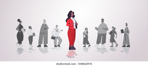 businesswoman leader standing in front of businesspeople group leadership business competition concept