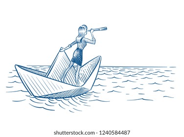 Businesswoman leader. Woman with telescope sailing on paper boat. Future career vision and leadership vector doodle concept