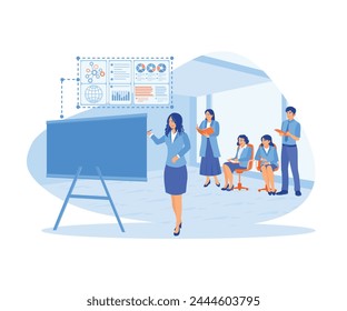 Businesswoman leads presentations for employees. Display and discuss graphs on the board. Business Seminar  Webinar concept. Flat vector illustration.