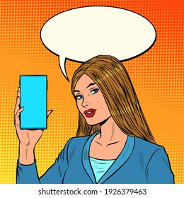 A businesswoman leads a stream on the phone. Pop art retro vector illustration vintage kitsch 50s 60s style