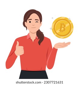 Businesswoman leaning to big bitcoin and showing thumb up gesture. Electronic currency concept. Flat vector illustration isolated on white background