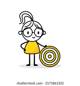Businesswoman leaning on a target on white background. Hand drawn doodle woman. Vector stock illustration.