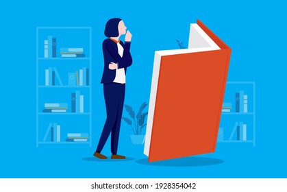 Businesswoman learning from book - Woman reading big book at home. Business training, courses and education concept. Vector illustration.