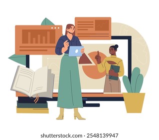 Businesswoman learning online. Business lecture with graphs and diagrams. Financial literacy and analytics. Distance education and training. Flat vector illustration isolated on white background