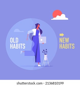 Businesswoman leave old habits zone to new habits way, Old Habits and new habits choice, Choose a new direction, make a choice concept