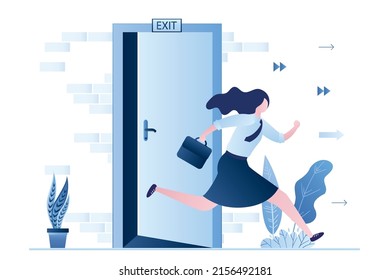 Businesswoman leaves office, girl run away. Brick wall, open door and board- exit. Woman employee, end of working day. Weekend time. Happy female character in trendy style. Flat vector illustration