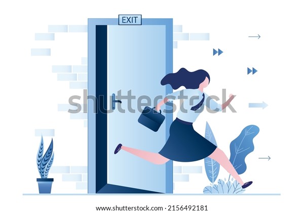 Businesswoman leaves office, girl run away.\
Brick wall, open door and board- exit. Woman employee, end of\
working day. Weekend time. Happy female character in trendy style.\
Flat vector\
illustration