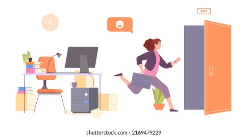 Businesswoman Leaves Office. Woman Run Away Job To Exiting Door, Employee Procrastinate Work, Lady Late Home, Working Escape On Break, Procrastination Vector Illustration Of Office Businesswoman