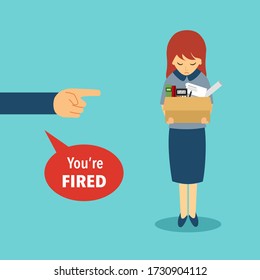 Businesswoman leaving job vector illustration. Fired office worker in flat design. Employee firing concept. Boss said you’re fired while company staff holding stuff with sad face.