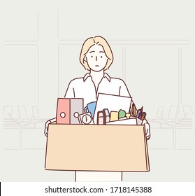 Businesswoman leaving office after being laid off carrying box of belongings. Hand drawn style vector design illustrations.