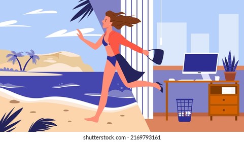 Businesswoman leaving office desk and computer to enjoy vacation on tropical sea beach vector illustration. Cartoon happy woman running in hurry to rest background. Summer holiday, job concept