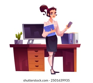 Businesswoman with leg prosthesis isolated on white background. Vector cartoon illustration of young woman with bionic limb wearing business suit, standing near office desk with smartphone in hand