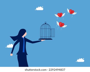 Businesswoman let his heart fly out of the cage. emancipation and freedom of mind