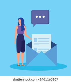businesswoman with letter document and chat bubble