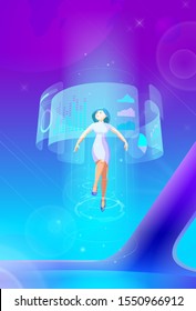 Businesswoman levitating flying and operating interface in Virtual Reality space Futuristic interior Ultraviolet Vector illustration. Future technology concept.