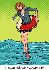 businesswoman with lifeline, insurance and risks, danger of bankruptcy, right decision. pop art retro vector illustration kitsch vintage 50s 60s style