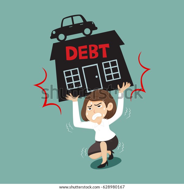 Businesswoman lifting debt house and car above\
head, vector illustration\
cartoon