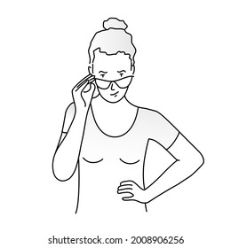 Businesswoman lifting glasses frame holding hand on waist. Hand drawn vector illustration. Black and white.