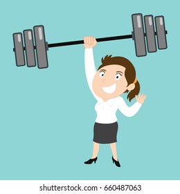 Businesswoman lifting heavy weight with one hand, vector illustration cartoon