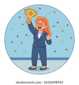 businesswoman lifting trophy cartoon illustration